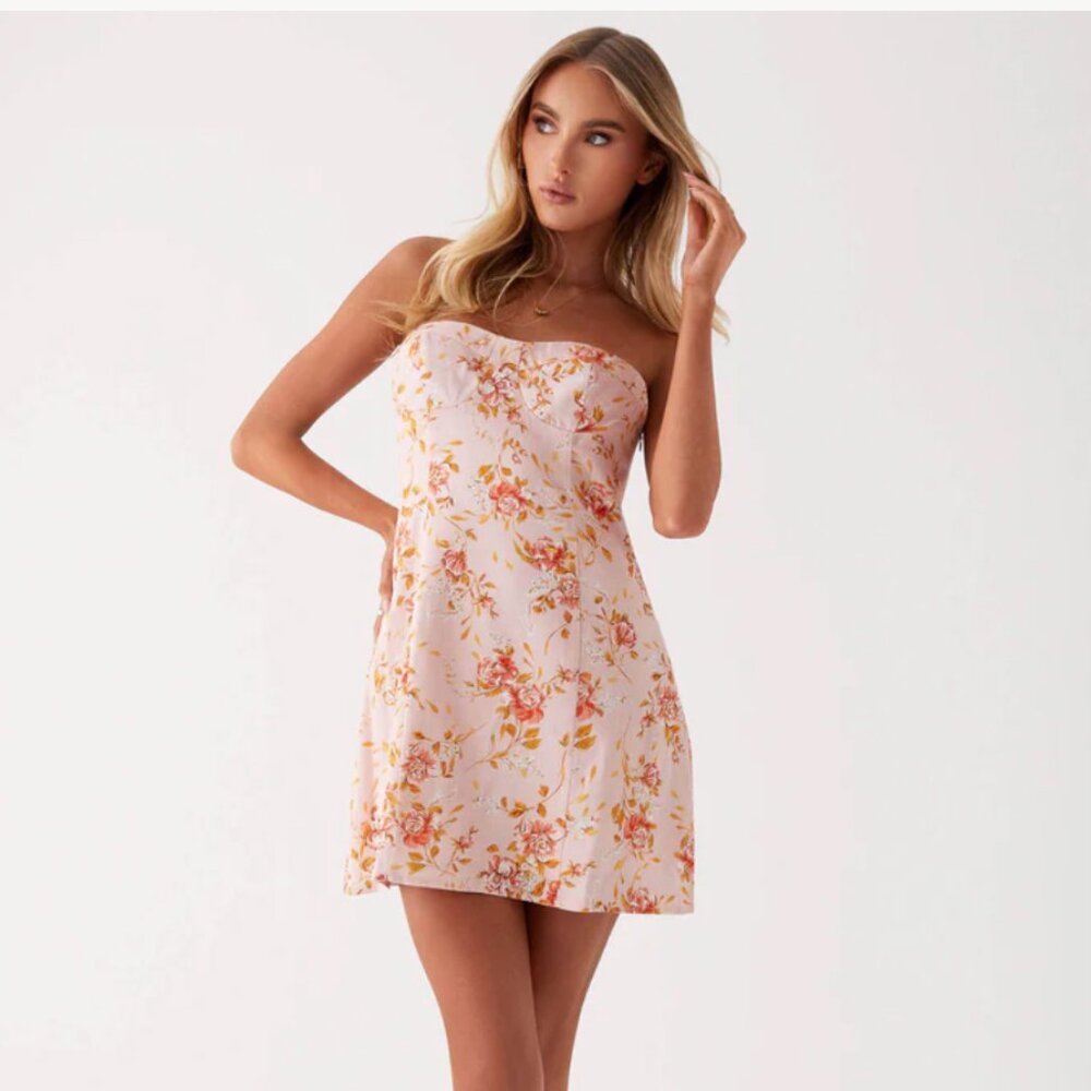 NWT Peppermayo Exclusive - Cali Strapless Mini Dress - Pink Floral Size 10